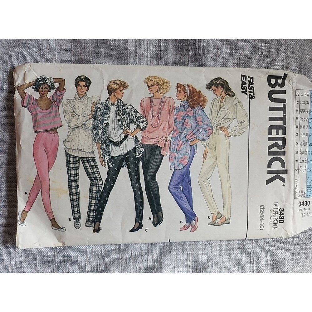 Butterick 3430 80s Elastic Waist Tapered Leg Stirrup Pants  Sz 12 14 16